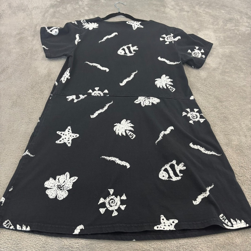 VTG Red Ginger Shift Dress Womens M Black White Marine Tropical AOP 90s Beachy - Picture 2 of 13